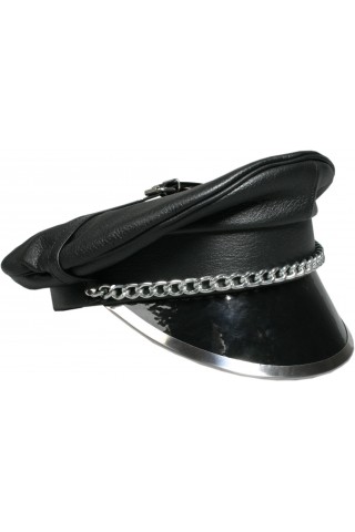 Полицейска шапка от дебела Волска кожа със метален кант и верижка отпред